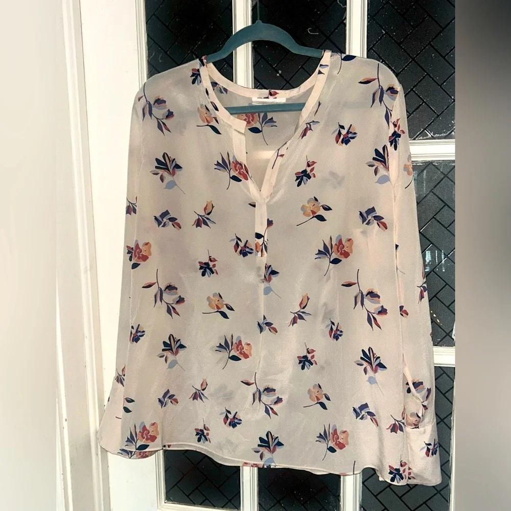 Emerson Rose Silk Top Floral Long Sleeves Size Large Cream Pink Pretty Pullover - Picture 9 of 9
